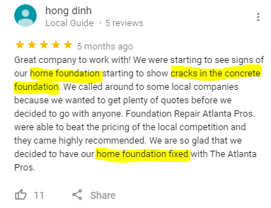 Google Review left on fake Atlanta foundation repair company business page