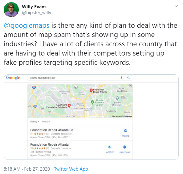 Contacted Google Via Twitter Regarding Map Spam Problem