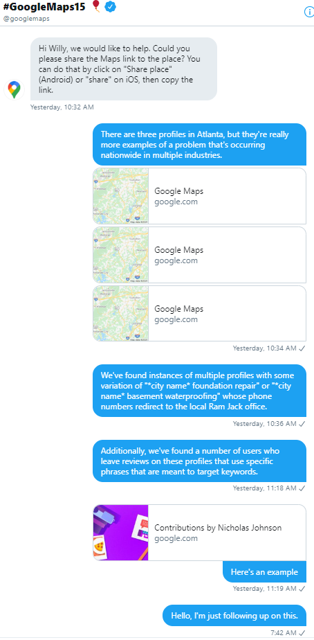 Part 3 of Twitter direct message discussion between Google Maps and Digital Division