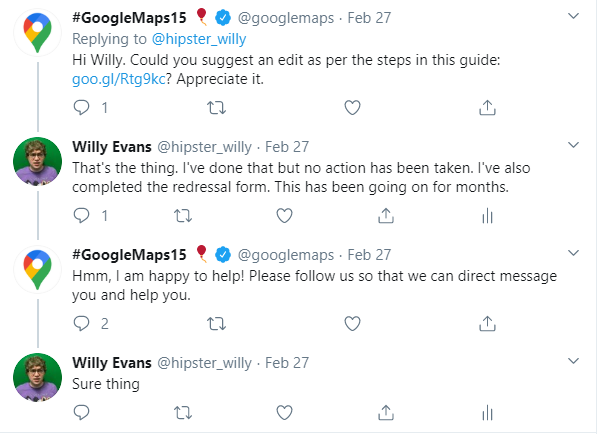 Part 2 of Twitter direct message discussion between Google Maps and Digital Division