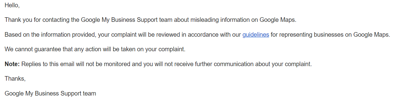 complaint response from Google for fake business posting