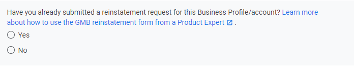 Google reinstatement request question screenshot