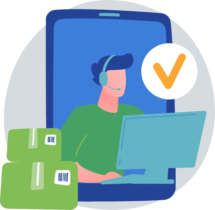 Person on computer inside a phone with a checkmark and shipping boxes