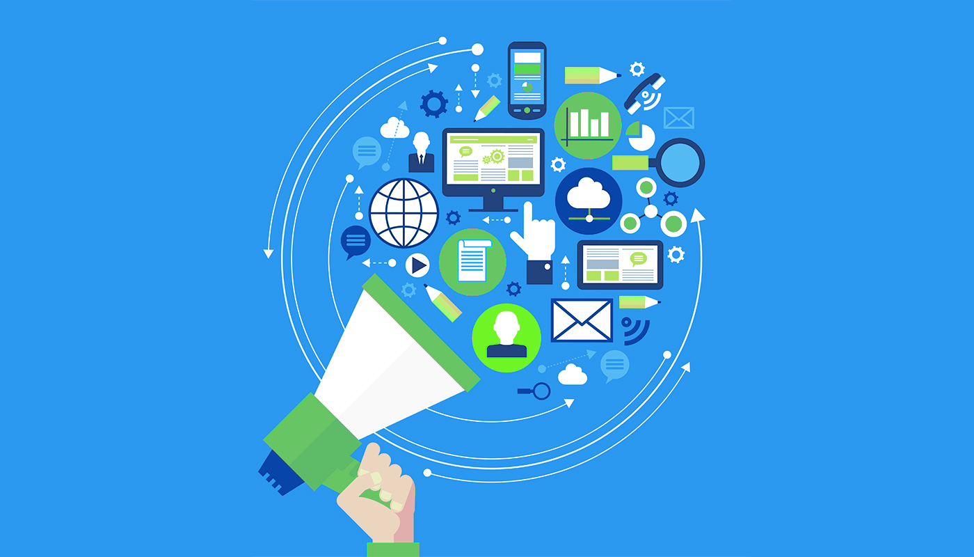 Marketing and SEO icons coming from a megaphone