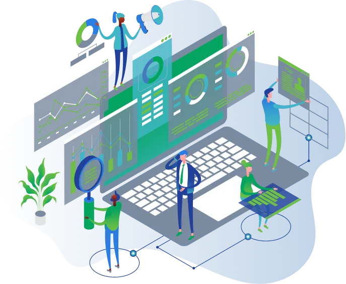 Many cartoon people working on different marketing services