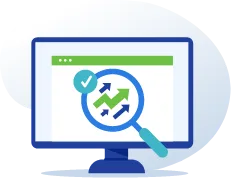 graphic of Search icon looking at a computer monitor and increases in sales arrows