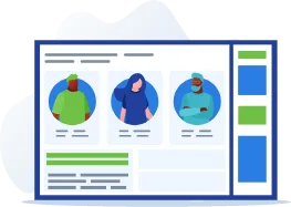 Graphic of fictional website showing people for testimonials and text sidebar with important information