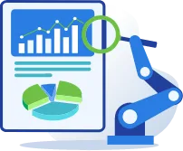 Search icon held by robotic arm looking at data charts