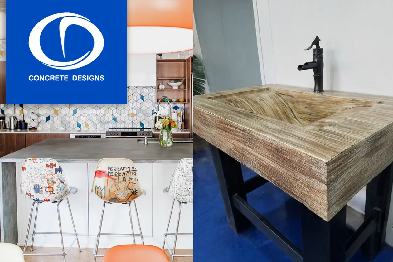Concrete Design logo on top of two images, one of concrete counters and one of concrete sink