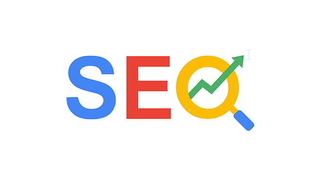 SEO text graphic in blue, yellow and red