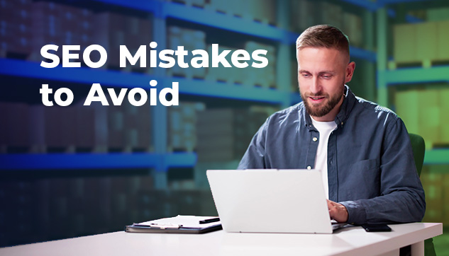 a rectangular photo of a man using a laptop with the text "seo mistakes to avoid"