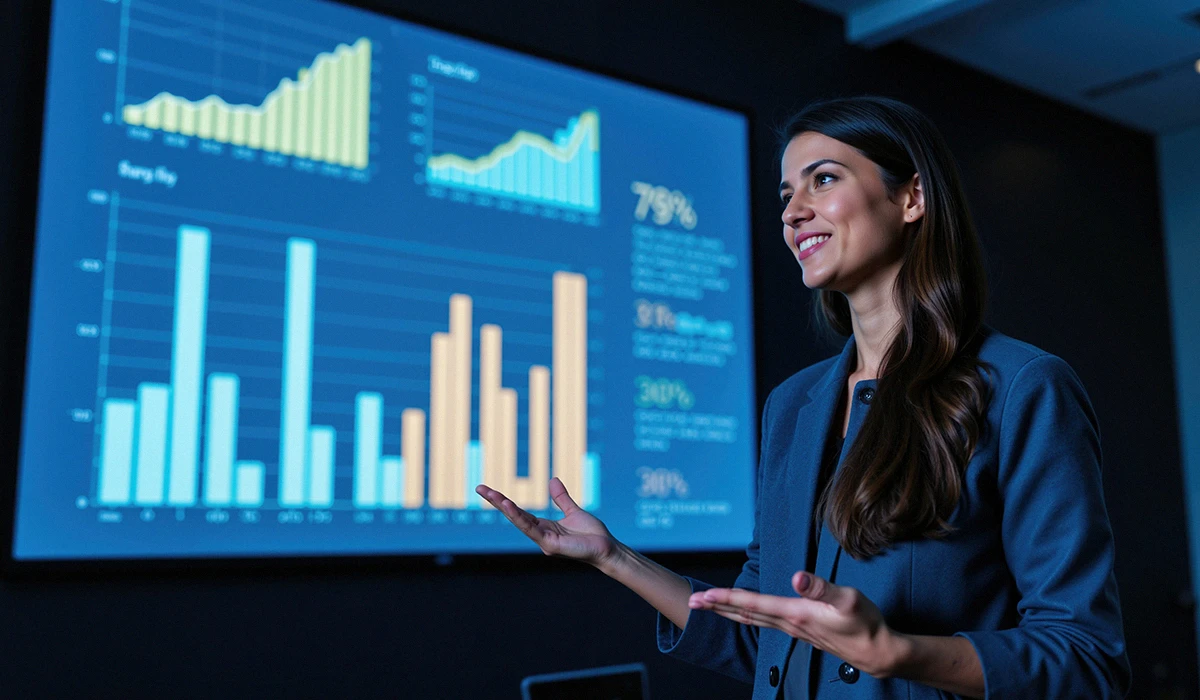 woman giving presentation in front of charts