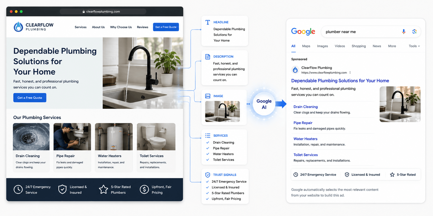clear flow plumbing website to google ad