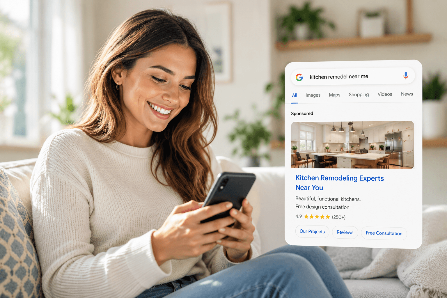 woman looking at phone for kitchen remodel ad
