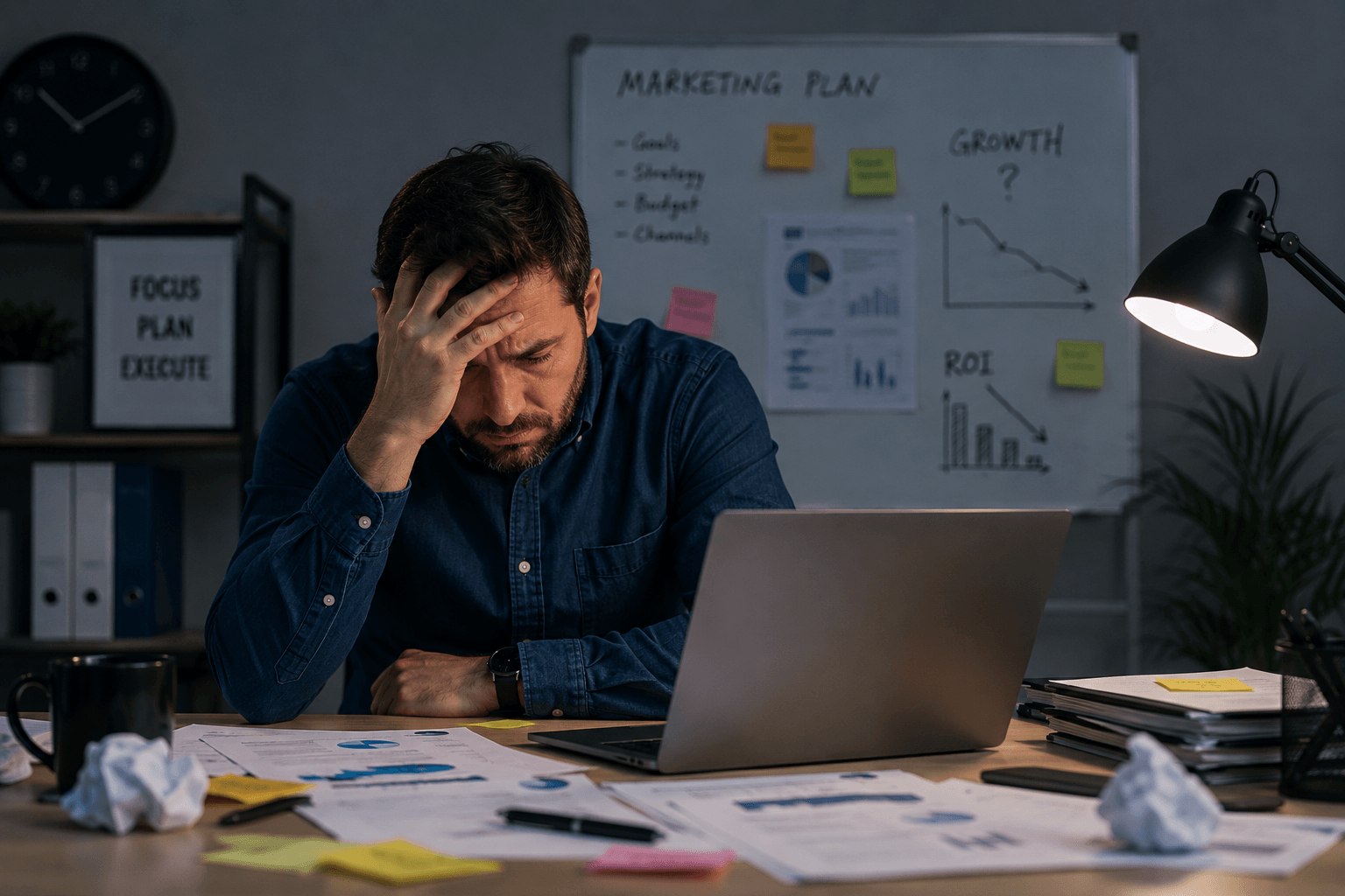 man sitting at desk struggling with marketing plan