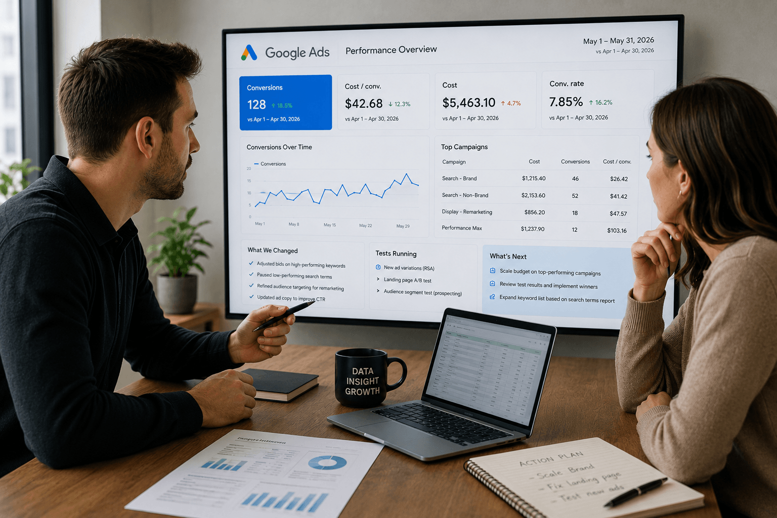 two people looking at google ads dashboard