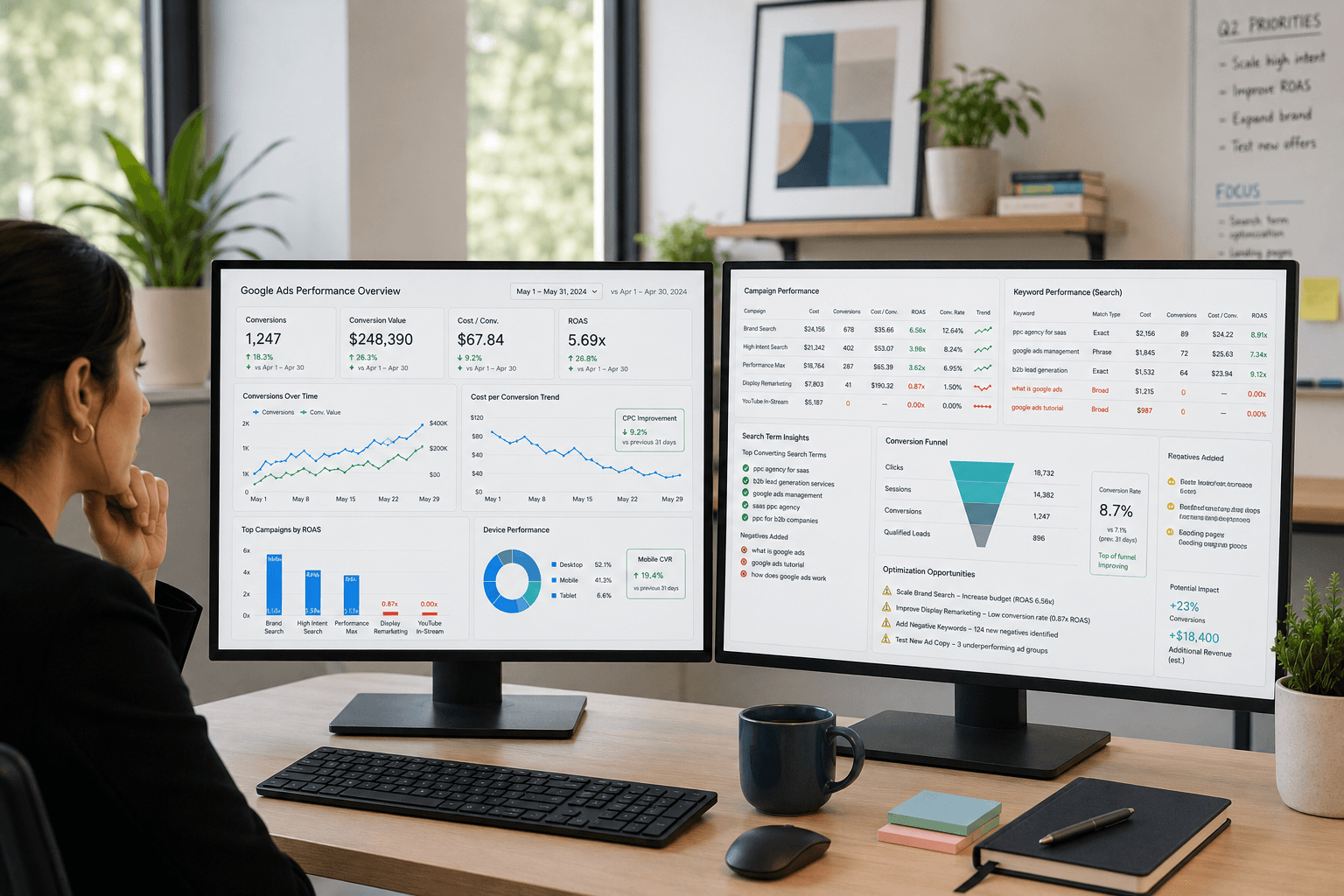 person looking at analytics on computer monitors
