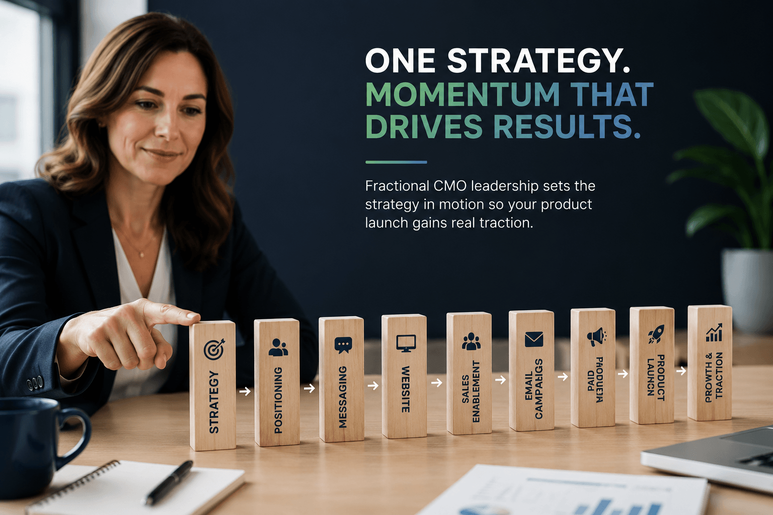 One Strategy women pointing to blocks
