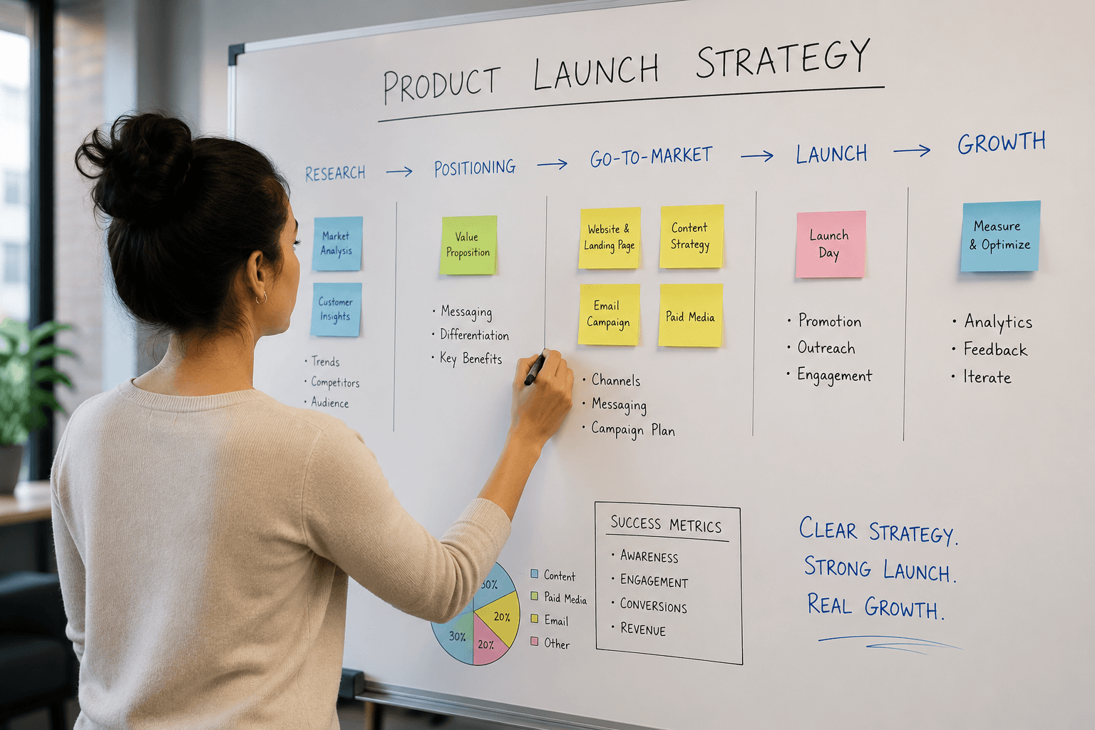 woman working at white board for before during and after
